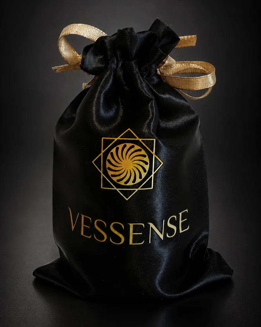 Custodia di presentazione VESSENSE in raso nero con dettagli dorati.